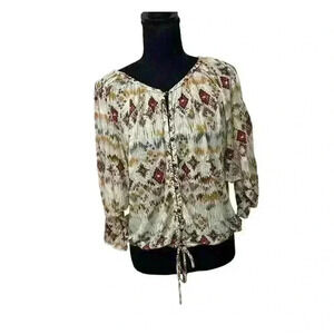 American Rag Womens M Multicolor Boho Button Up Blouse Short Sleeve Elastic Tie